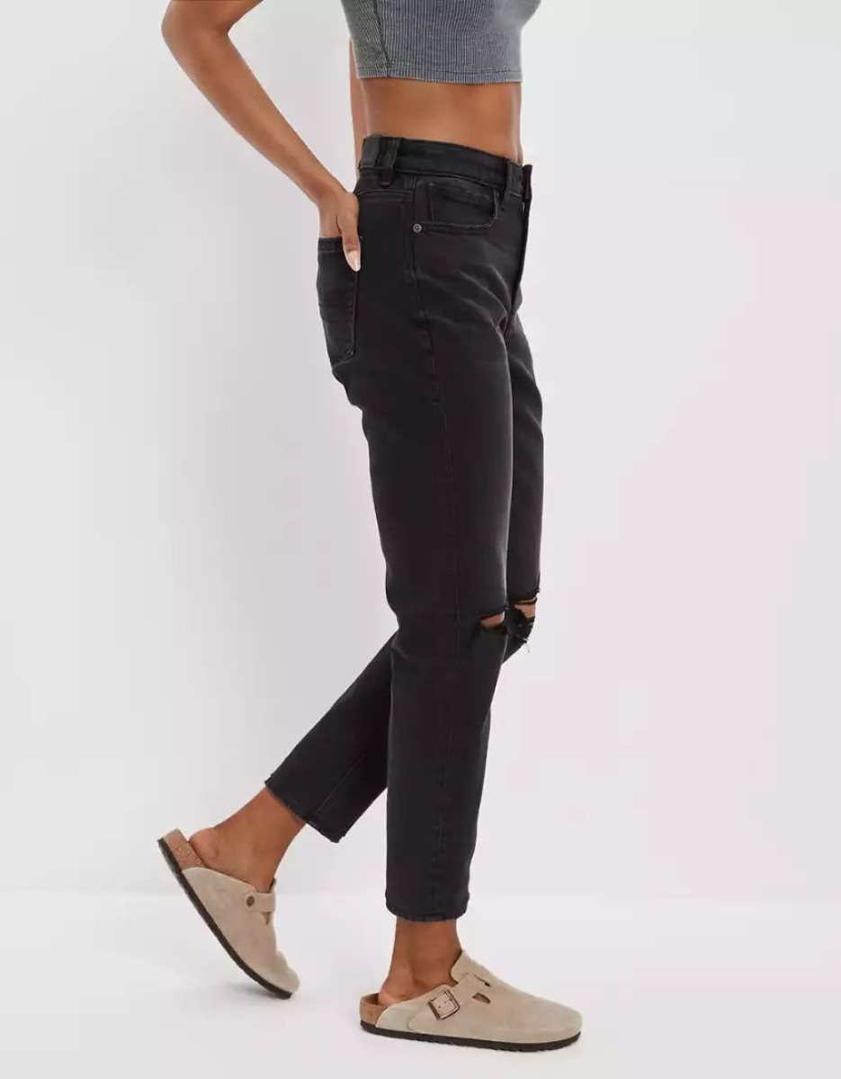 Jean American Eagle AE Stretch Ripped Mom Noir Femme | DPQ-84230741